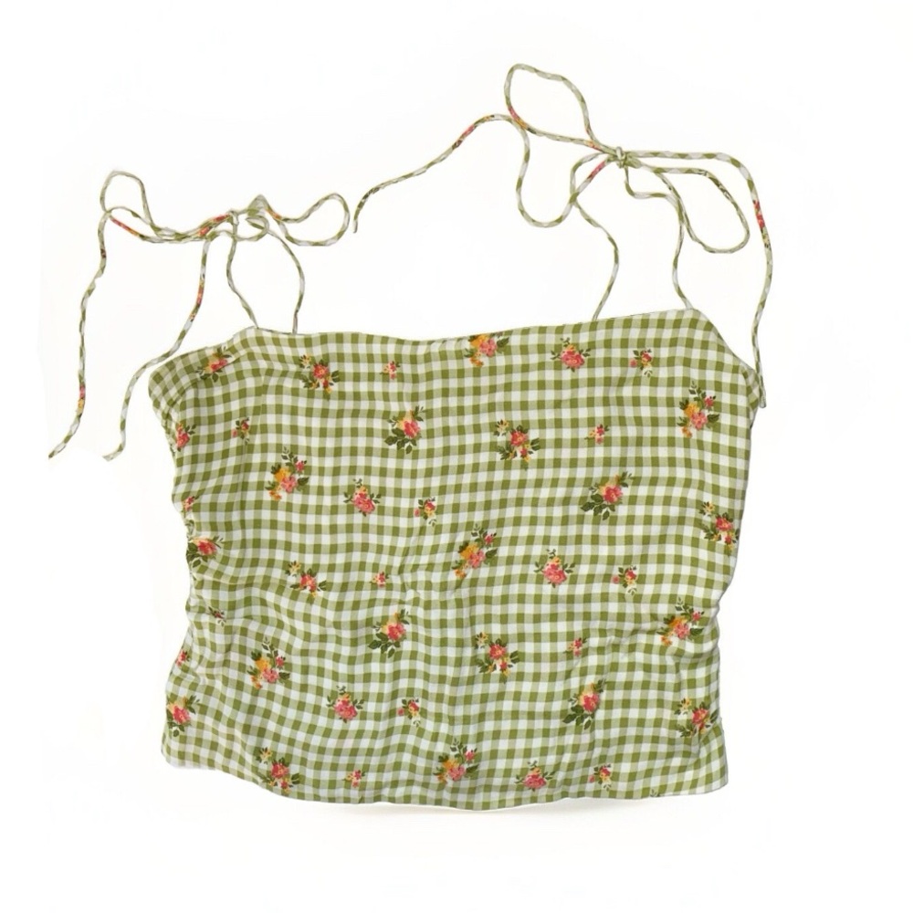 REFORMATION GREEN WHITE LUPE FLORAL PRINT GINGHAM TIE STRAPS CAMISOLE TANK TOP